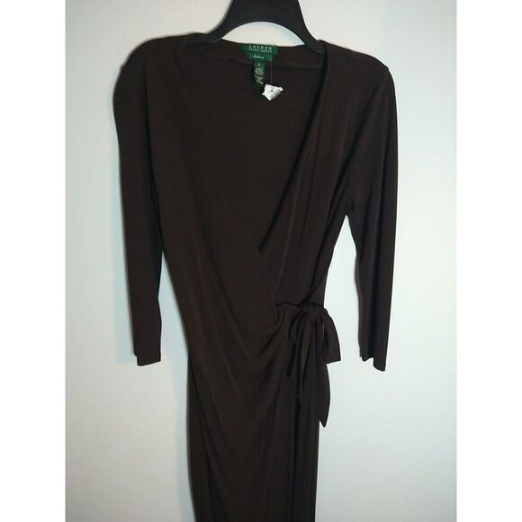 Lauren Ralph Lauren Wrap Vneck Midi Length Long Sleeve Dress 6 Brown Classic - Picture 2 of 8